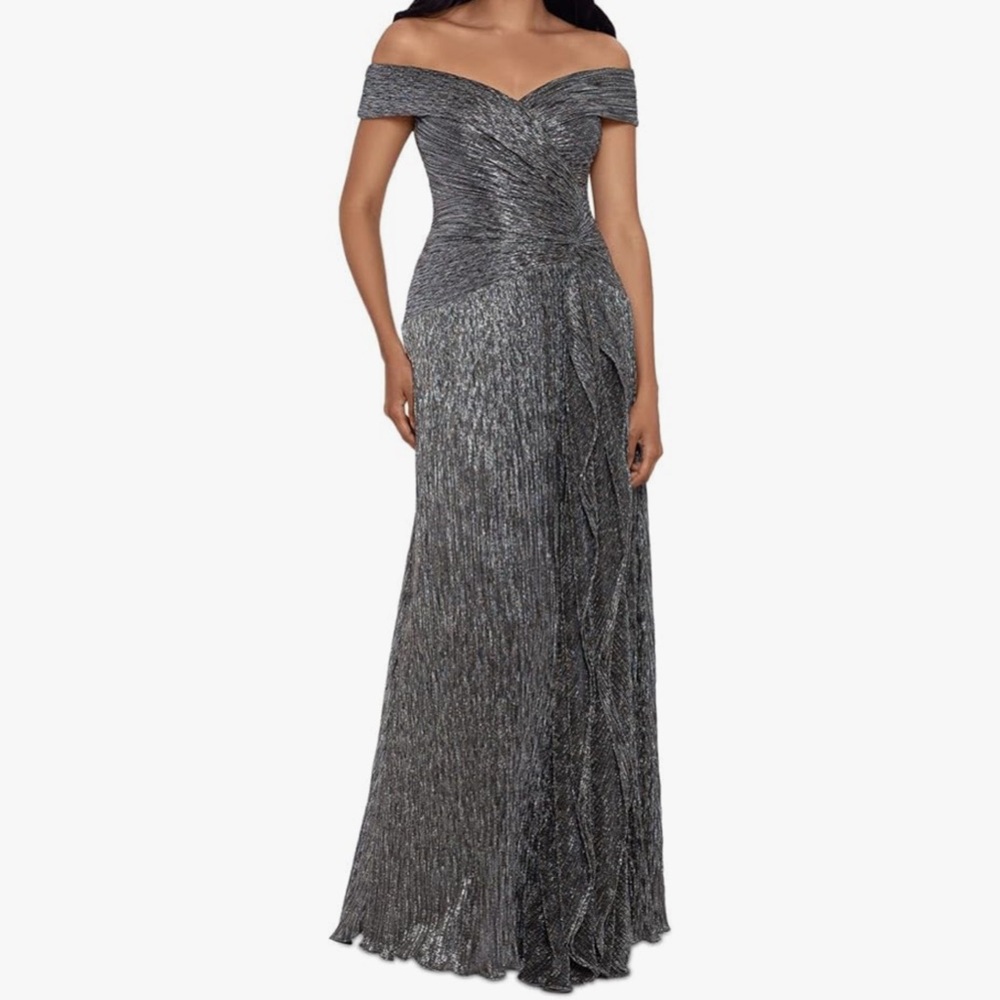 Xscape Elegant Foil Knit Off The Shoulder Silver Evening Gown